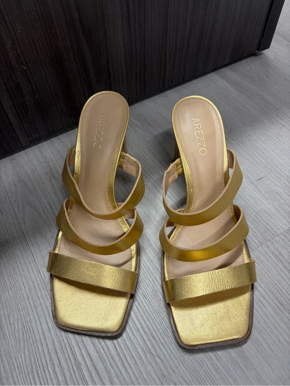 Arezzo Metallic Gold Multi-Strap Block Heel Sandals